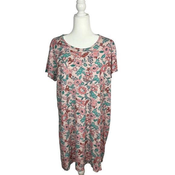 LANDS' END Women's Pink Floral Short Sleeve Midi T-Shirt Dress Size 1X Cotton - Picture 1 of 9